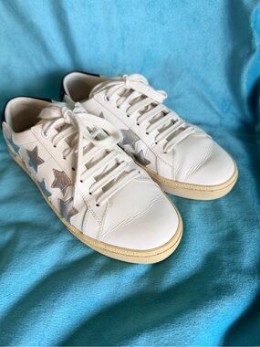 Saint Laurent White Leather Sneakers with Silver Star Details